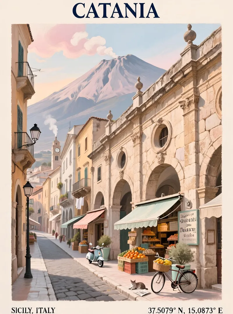 Illustrated poster of a Catania street with Etna behind it