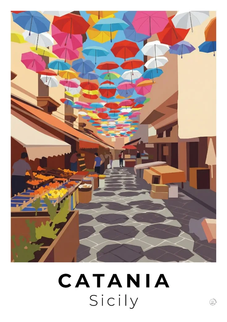 Illustration of a Catania market street under coloured umbrellas